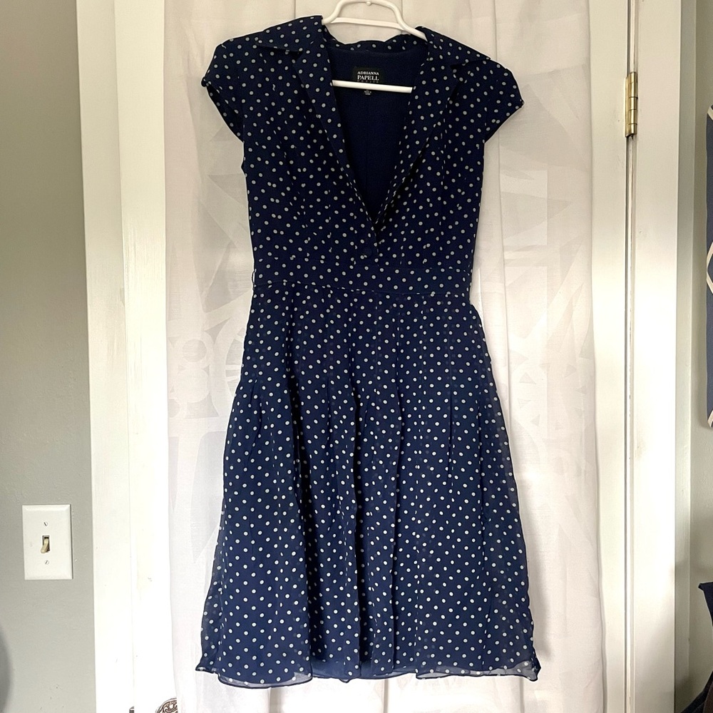 Adrianna Papell blue polka dot dress size 6p